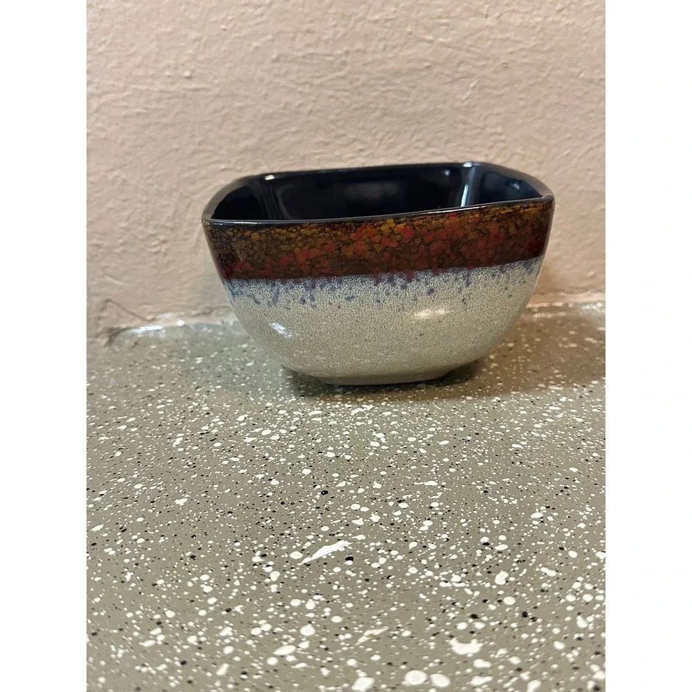 MasterCuisine Square Stoneware Bowls Set of 3 Tan‎ Blue Speckled Black Interior